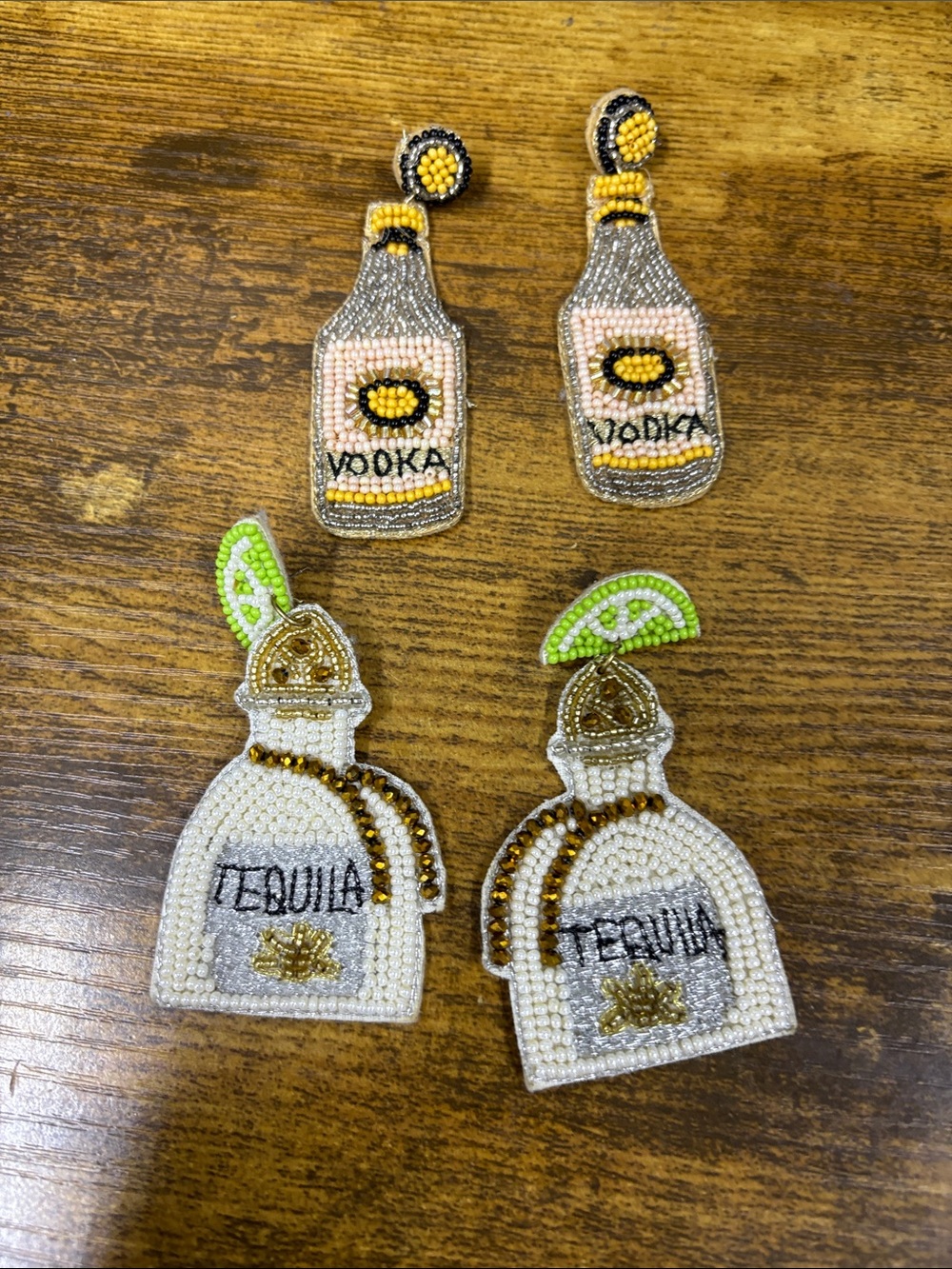 Beaded Vodka & Tequila Bottle Earrings Set - Yellow, White, Gold, Green